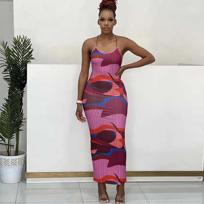 Color Printed Spaghetti Strap Maxi Dresses For Women Sexy V-neck Slim Backless Folds Dress Fashion Evening Party Elegant Vestido