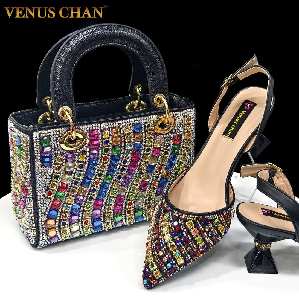 2025 Luxurious Italian Women's Party Shoes & Bag Set – Elegant Golden Rhinestone Spring/Summer Sandals with Pointed High Heels f Multi Color