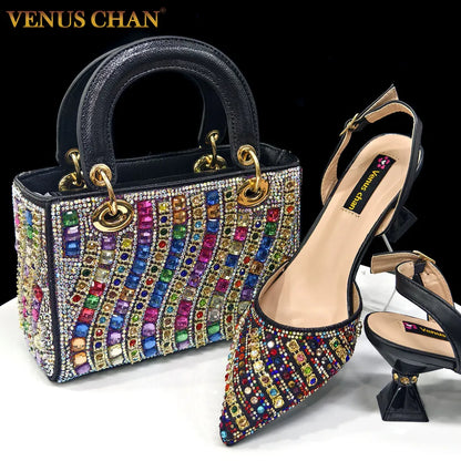2025 Luxurious Italian Women's Party Shoes & Bag Set – Elegant Golden Rhinestone Spring/Summer Sandals with Pointed High Heels f Multi Color