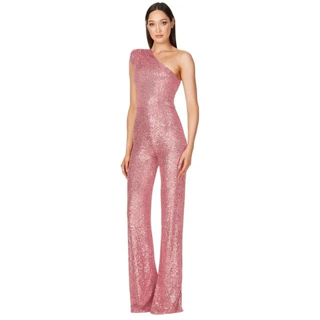 Women Elegant Long Jumpsuits Sexy Glitter Sequin Club Ladies Playsuits Slanted Collar Party Fashion Backless Solid Romper 2024 Badiee Stylez
