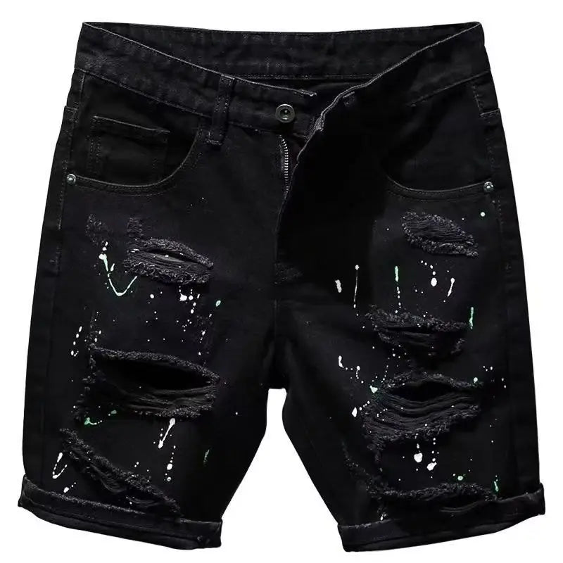 Summer Casual Men's Denim Shorts Korean Straight Washed Jeans Short Ins Ripped Cat Whisker Ink Splash Plaid Black Five-Pants
