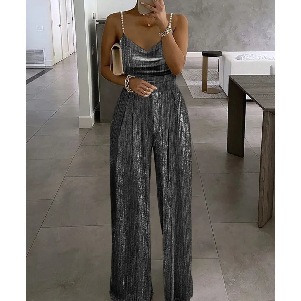 Off The Shoulder Stud Sexy Strap Women's Dinner Romper Spring Summer New Fashion Pleated Loose Straight Leg Female Long Romper