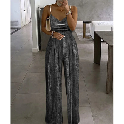 Off The Shoulder Stud Sexy Strap Women's Dinner Romper Spring Summer New Fashion Pleated Loose Straight Leg Female Long Romper