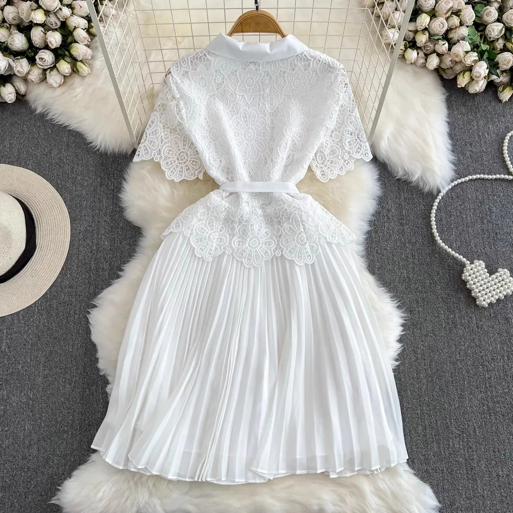 Summer Elegant Crochet Lace Patchwork Chiffon Pleated Dress Women's Short Sleeve Hollow Out Flower Buttons Belt Runway Vestidos