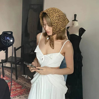 Retro Leopard Print Square Scarf for Women Satin Thin Edge Scarves Head Band Fashion Y2K Lady Hair Shawl Wrap Female Neckerchief