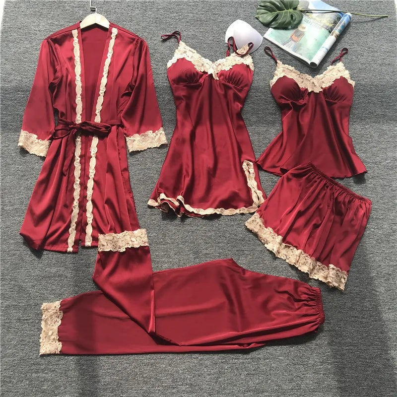 Pajamas Five Piece Set Sexy Lace Trim Nightgown Nightwear Spring Summer Women Bath Robe Loose Silk Satin Home Wear Pijamas Suit Burgundy 5PCS C