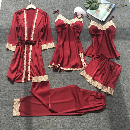 Pajamas Five Piece Set Sexy Lace Trim Nightgown Nightwear Spring Summer Women Bath Robe Loose Silk Satin Home Wear Pijamas Suit Burgundy 5PCS C