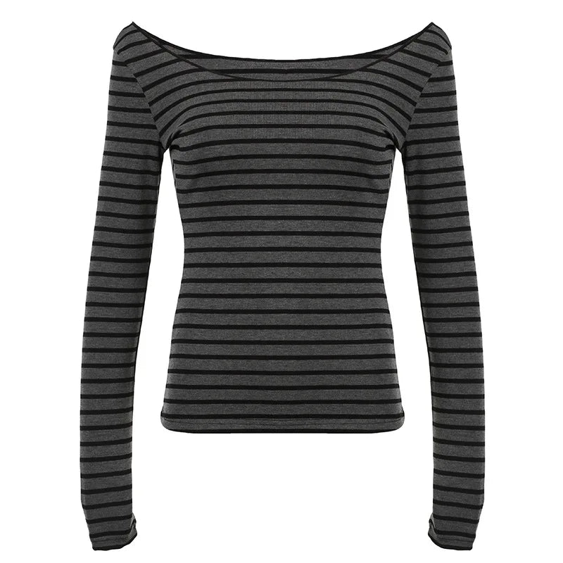 Lamuusaa Grunge Top y2k Clothes Women Cybercore Striped Off Shoulder Long Sleeve T Shirt 2000s Gothic Clothing Fall Streetwear