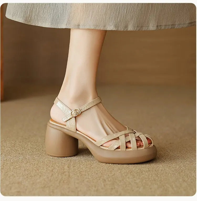 БосоножкиженскиеFashion Retro Women Shoes Summer New Round Heels Thick Soled Anti Slip Roman Sandals Simple Women Heels Sandals Badiee Stylez