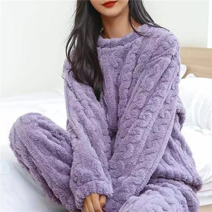 Soft Coral Velvet Jacquard Warm Pajama Set for Women Cozy Loungewear Outerwear for Winter Christmas Back to School Gift ﻿ Purple 50-77.5kg