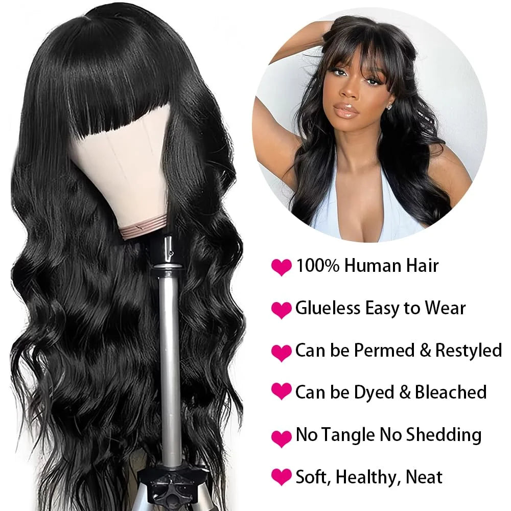 3X1 Glueless Wigs Human Hair with Bangs Body Wave Human Hair Wig with Bangs 3X1 Bleached Knots Lace Front Wig for Black Women Badiee Stylez