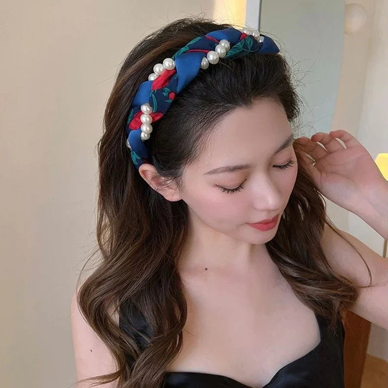 Women's Pearl Face Washband Anti-Slip Woven Headband High-End Feel Outing Hair Tie Pearl Hair Band Hair Accessories