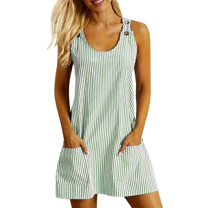 Summer Fashion Stripped Patchwork Commuting U-Neck Sleeveless Pockets Back Button Casual Straight Slimming Mini Dress For Women Badiee Stylez