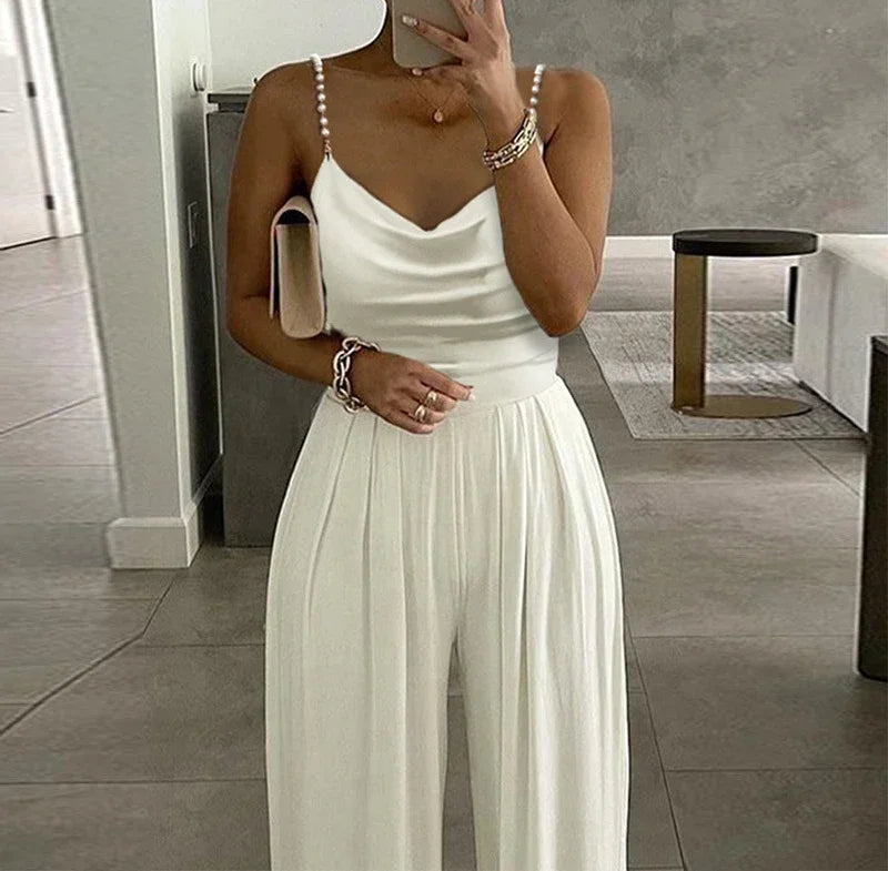 Sleeveless Jump Suits for Women Streetwear 2023 Autumn Pearl Suspender Wide Leg V-neck Backless Long Pants Jumpsuits of Female Badiee Stylez