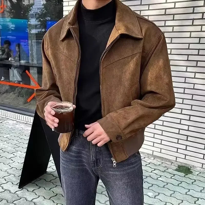 Versatile Vintage American Style Chamois Leather Jacket For Men Brown Coffee Maillard Matching Cropped Lapel Autumn Winter Seaso