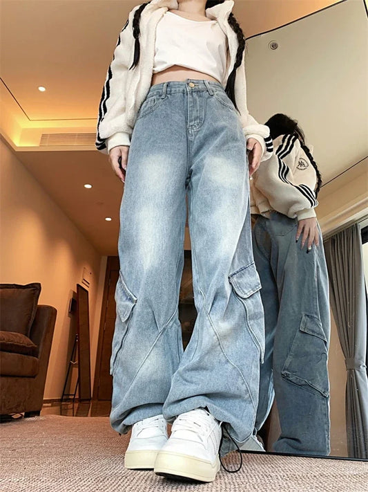 Women's Large Side Pocket Design Unisex Jeans High Waisted Straight Vintage 90s Trouser Streetwear Casual Y2K Denim Pants