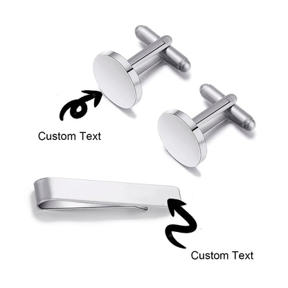 Custom Engraved Round Cufflinks & Tie Clip Set Stainless Steel Anniversary Wedding Birthday Groomsmen Gift for Father Husband Badiee Stylez