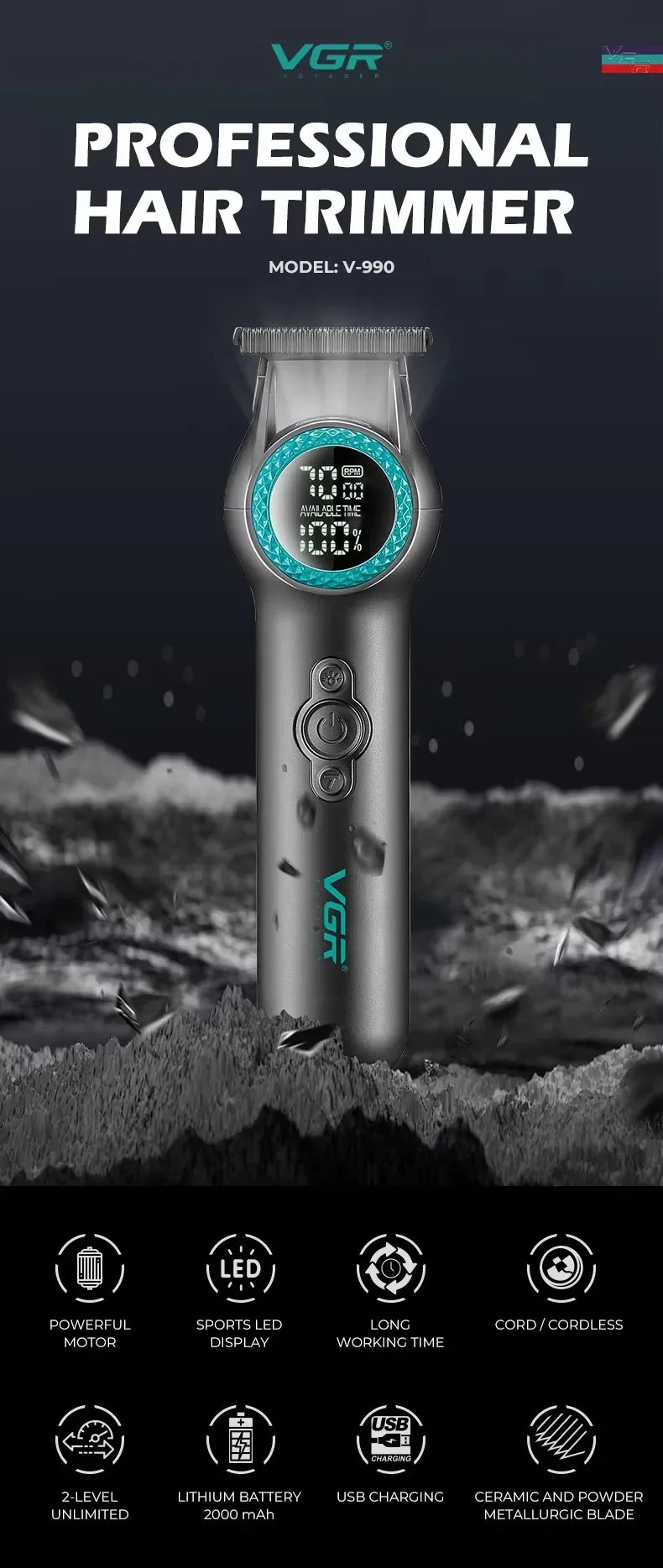 VGR Hair Clipper Professional Hair Trimmer 8000 RPM Hair Cutting Machine Electric Haircut Machine Cordless Clipper for Men V-990