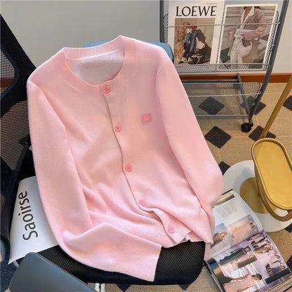 2024 Autumn New Thin Long-sleeved Slim Fit Cardigan Sweater for Women Fashionable High-end Knitted Candy Colored Top for Women Pink