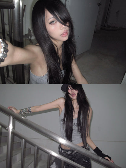 Karrcat Trashy 2000s Letter Print Tank Top Japanese Y2k Gray Camis Tops Grunge Aesthetics Sleeveless Crop Tops American Retro