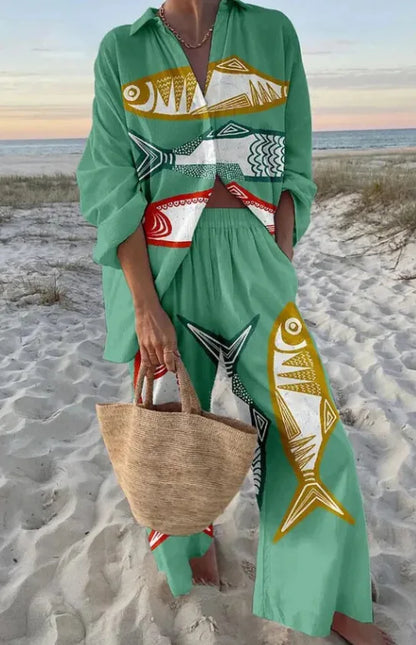 Summer Women New Casual Print Two-piece Set Clothing Seaside Tropical Vacation Style Printed Lapel Shirt + Wide-leg Trousers Set