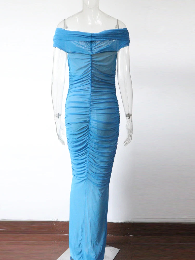 Beyprern Luxe Goddess Ruched Mesh Maxi Dress Elegant Women's Off Shoulder Pleated Bandage Beach Vacation Dress Holiday Outfits