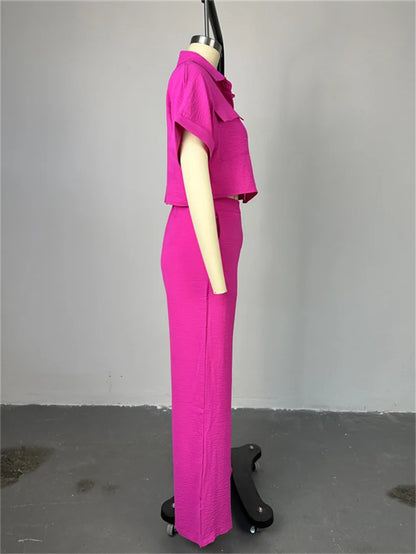 Women's Two-piece Set Spring Summer New Style Lapel Short-sleeved Shirt High Waist Wide Leg Trousers Casual Suit Women Clothing