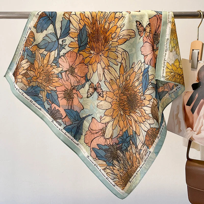 Fashion 70cm Cotton Square Scarf Women Floral Print Design Bandanas Lady Scarves Headband Accessories Handkerchief Hair QME199-01 65x65cm