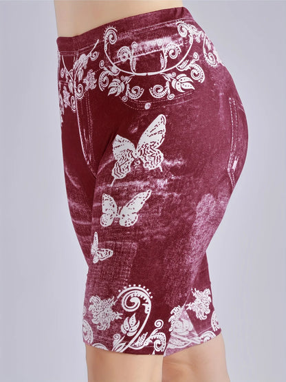 3 Piece Set Of Lmitation Denim Leggings For Women Butterfly Waist Fruit Flower Elastic Shorts High Waist Casual