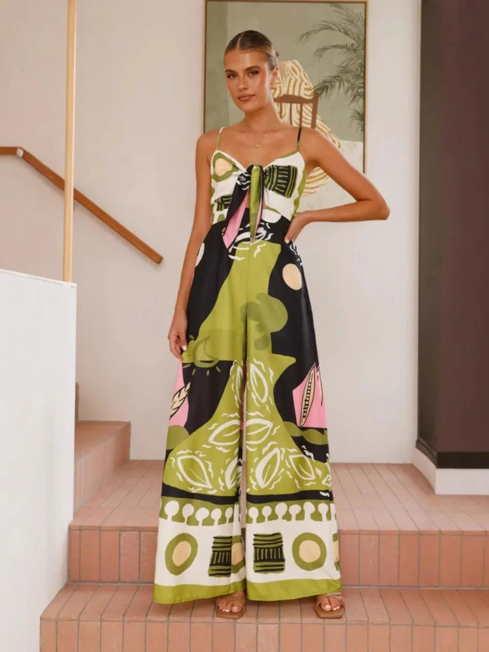 Jumpsuits for Woman Summer New Elegant Print Sleeveless Sling Tie A Knot Jumpsuits Fashionable Casual Loose Wide Leg Jumpsuit