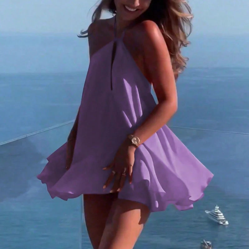 Women Sexy Halter Layered Ruffles Mini Dress Fashion Off Shoulder Backless A Line Vestidos Spring Summer Chic Lady Short Dresses