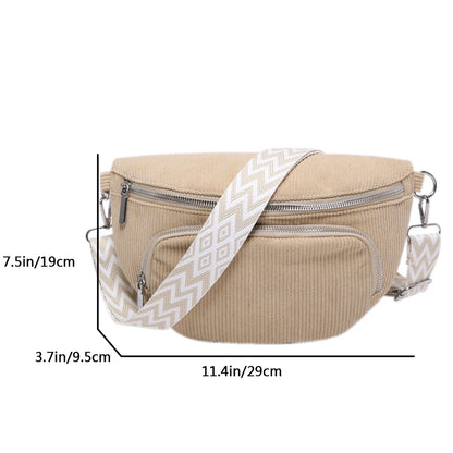 Corduroy Chest Bag Fashion Fanny Pack Wide Guitar Strap Casual Waist Bag Multi-pockets Hobo Sling Bag Outdoor Travel Bag
