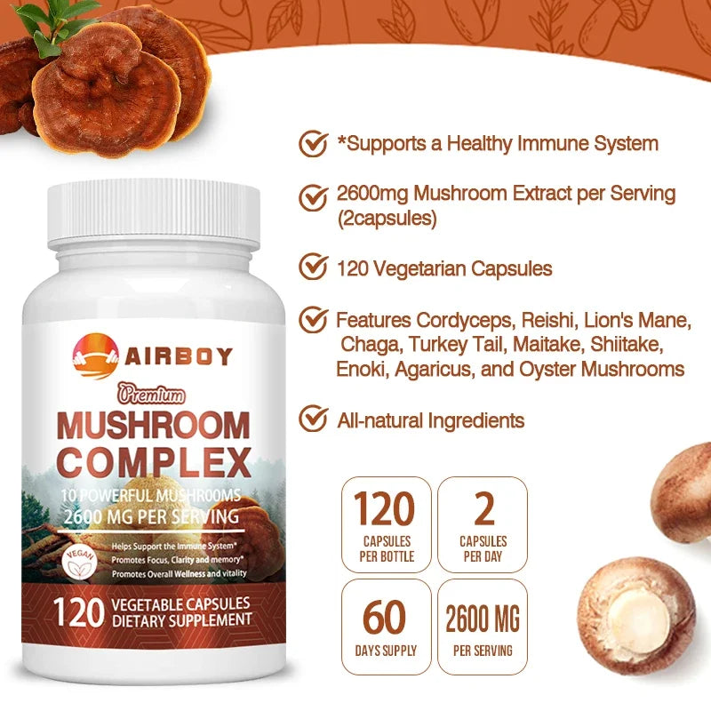 Mushroom Complex Capsules - with Lions Mane, Chaga, Reishi Nootropic Brain Supplement for Memory and Focus, Enhance Energy
