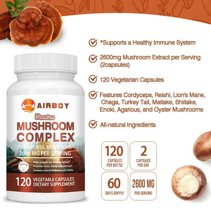 Mushroom Complex Capsules - with Lions Mane, Chaga, Reishi Nootropic Brain Supplement for Memory and Focus, Enhance Energy