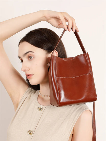Toptrends Korean Style Bucket Genuine Leather Shoulder Bags For Women 2025 Luxury Designer Crossbody Purses Tote Ladies Handbags