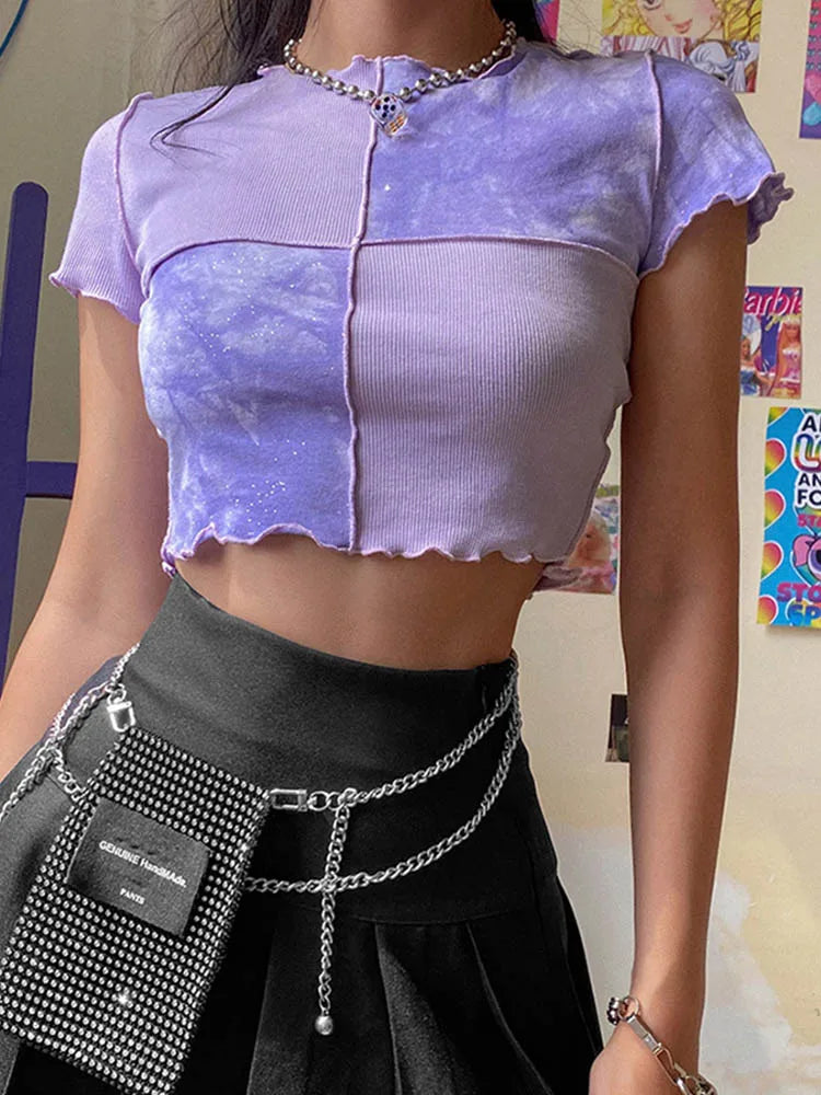 Chic Crop Tops Tees Tie Dye With Sequin Patchwork Women Summer T-shirts Ruffles Hem Purple Or Bule Clothes PURPLE