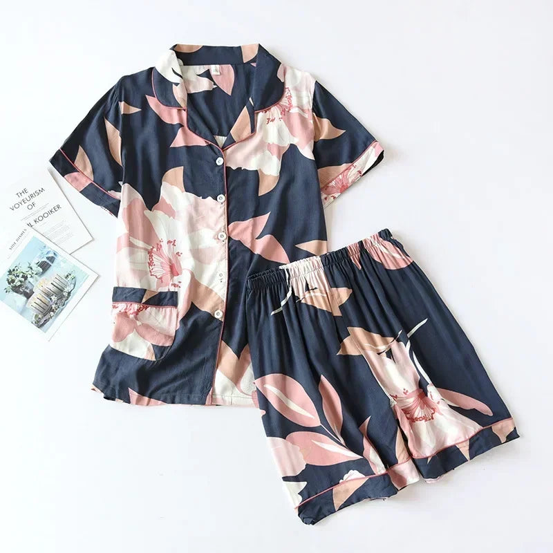 Spring and autumn ladies cute cartoon floral viscose fiber pajamas two-piece long-sleeved home service cotton summer thin shorts 09