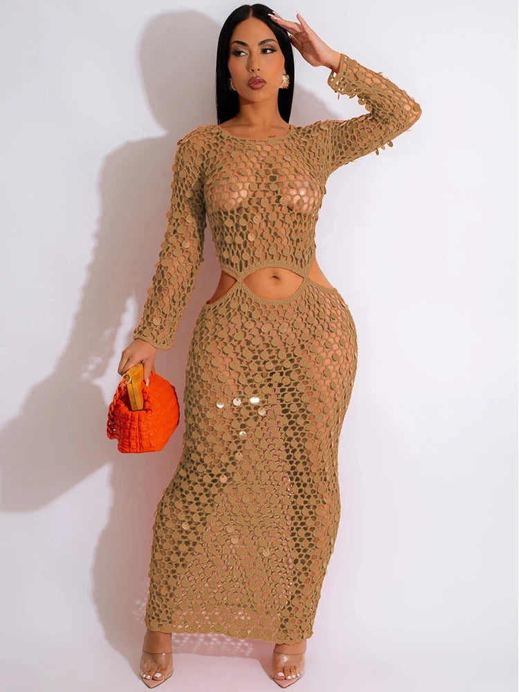 Joskaa Fishnet Knitting Hollow Sequins Maxi Dress Sexy See Through Holiday Long Sleeve Slim Summer 2023 Vacation Beach Dresses Khaki