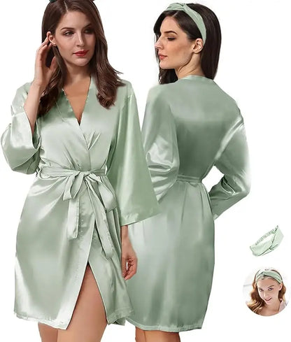 2Pcs Womens Floral Kimono Robe Silk Robes Bride Bridesmaid Satin Robes Bridal Dressing Gown Silky Bathrobe As the photo show One Size