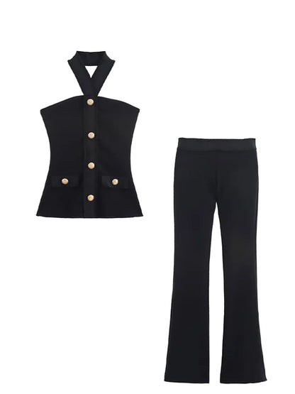 HH Women 2-Piece Set Elasticity Neck Halter Button Design Sleeveless Backless Sexy Top+Casual Elastic Waist Slim Long Pant Badiee Stylez