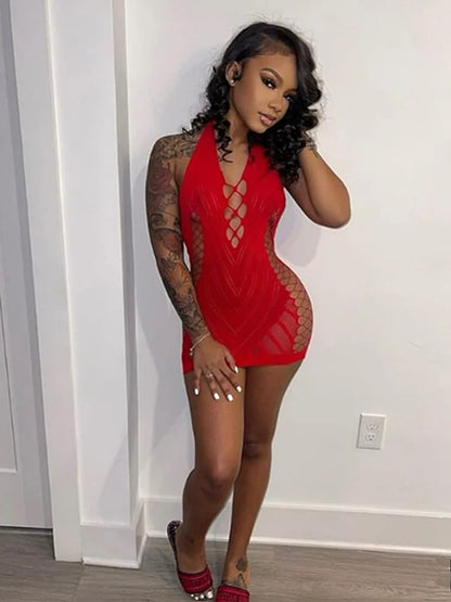 Transparent Lace Short Dress Backless Hollow Halter Nightgown Sexy Women's Pajamas Nightwear Nightdress Party Club Mini Dresses TC10