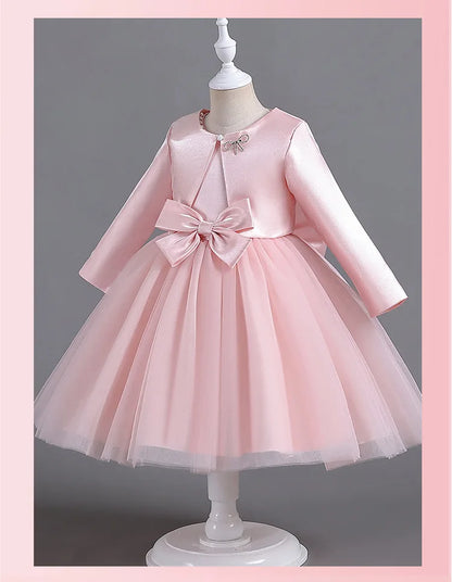 ELBCOS 4-14Y Girls Tie Crew Neck Long Sleeves Solid Color Fold Skirt Cardigan Coat Waist Bow Costumes Princess Party Dress Suit