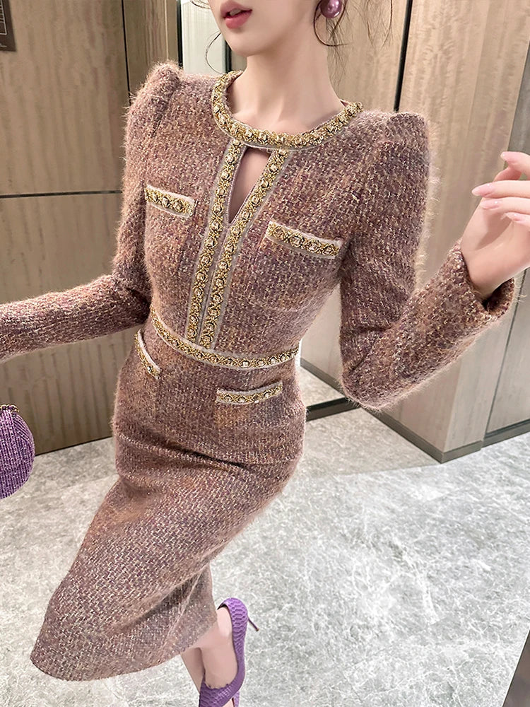 Women Clothes Vintage Tweed Hollow Sexy O-Neck Slim Midi Pencil Dress Elegant Fashion Evening Party Vestidos Formal Occasion New