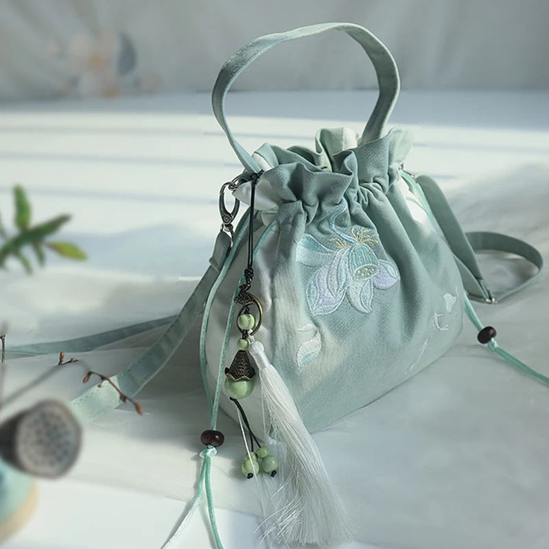 Chinese Style Women's Drawstring Bag Vintage Flower Embroidery Hanfu Handbag Street Fashion Girls Bucket Shape Shoulder Bag