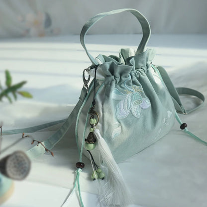 Chinese Style Women's Drawstring Bag Vintage Flower Embroidery Hanfu Handbag Street Fashion Girls Bucket Shape Shoulder Bag