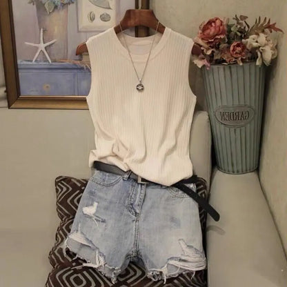 Summer Women Knitted Loose Sweater Vests Sexy O-Neck Sleeveless Knitwear Tank Tops YRFZ-N6634 Apricot one size