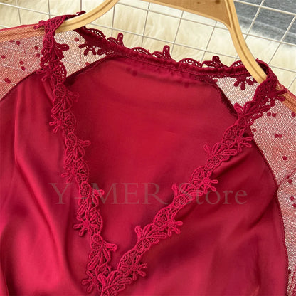 Sexy Embroider Edge Lady Kimono Bathrobe Dress Gown Mesh Sleeve Wedding Long Robe Sleepwear Loose Silk Satin Nightwear Lingerie