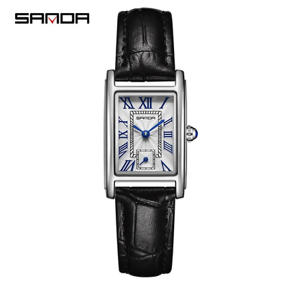 SANDA 1116 Quartz Watch Women Elegant Design Rectangle Dial Watches Waterproof Pointer Leather Business Ladies Wristwatches P Black Silver