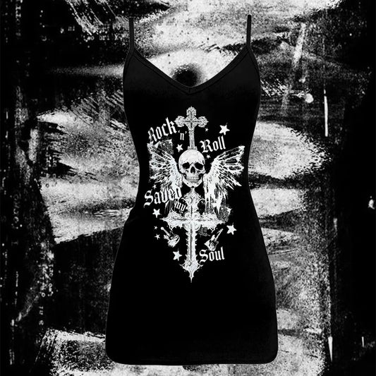 EMO girl Y2K Style Vintage Women Dress Punk Skull Print Casual Dress Female Graphic Fashion Dress 2000s Cool girls Gothic Dress black