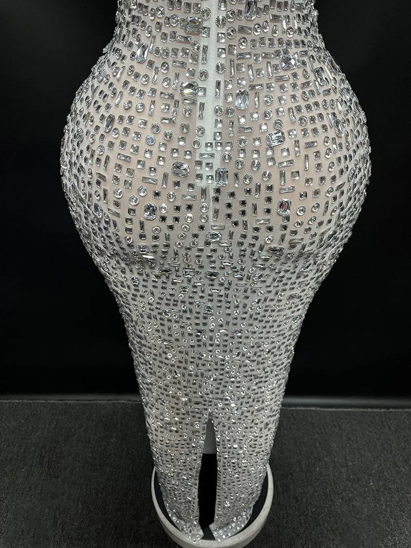 Sexy Full Drill Elastic Slim Fit Sleeveless Long Dress - Hip Wrap, For Host Stage Catwalk & Engagement Evening High-Slit Dresses Badiee Stylez